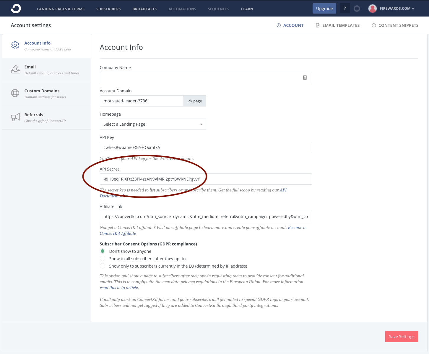 Firewards and ConvertKit Friend Referral Account Settings