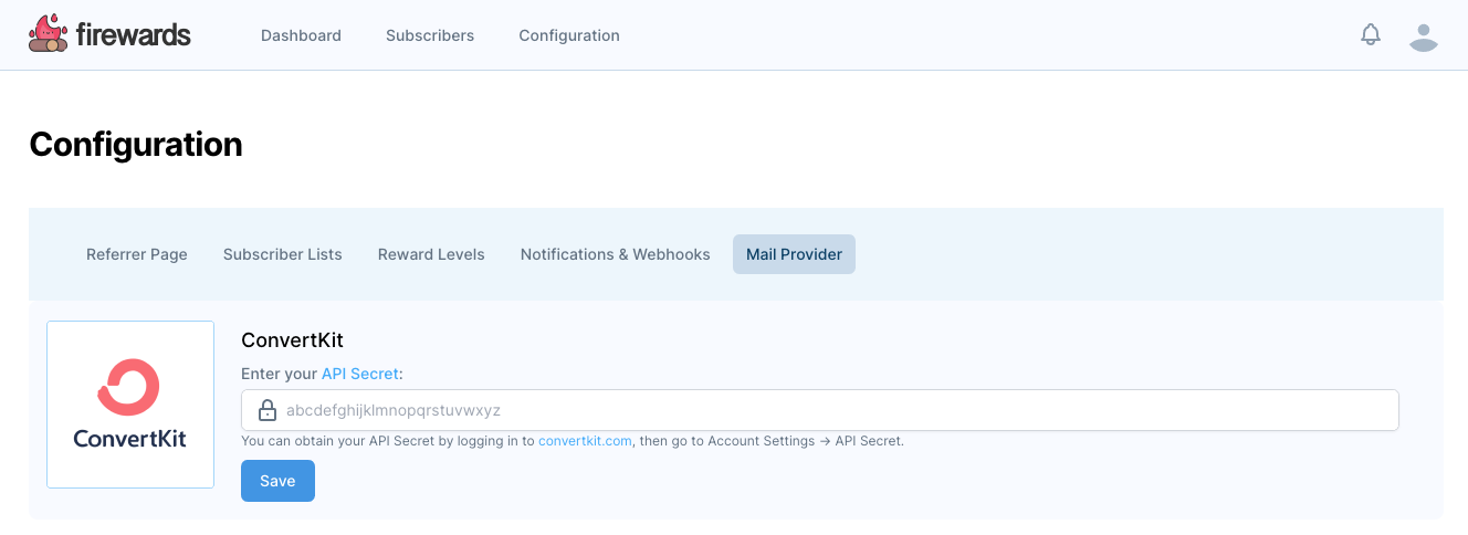 Firewards and ConvertKit Friend Referral Save Api Key
