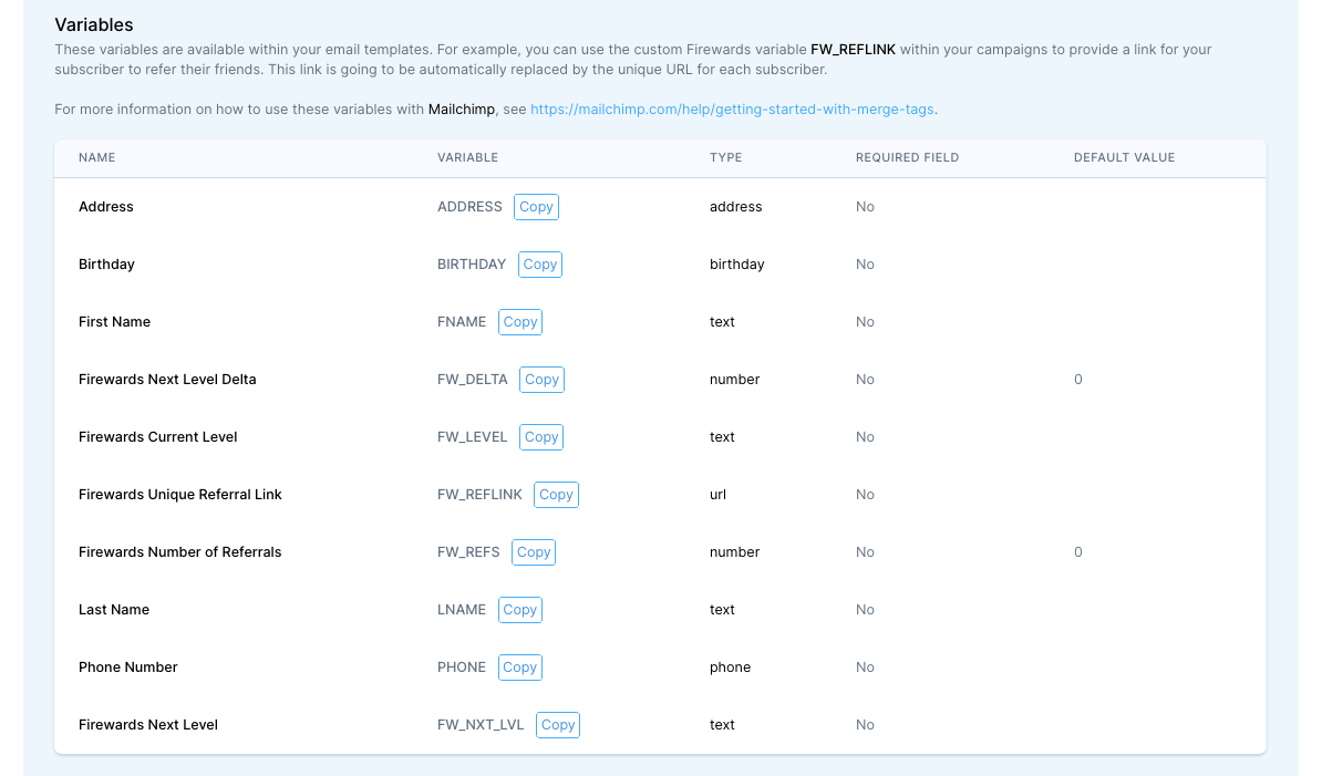 Firewards and Mailchimp Friend Referrals - Setup Variables to Use in Email Design