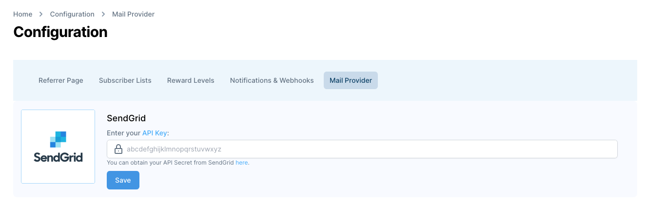Firewards and Sendgrid Referral Enter Api Key for Integration